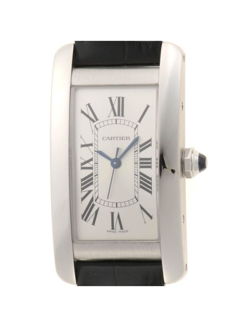Cartier Tank American MM Watch Steel Crocodile Leather Silver Dial Quartz